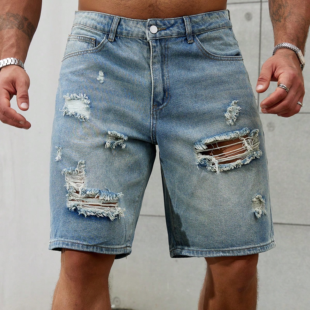 جينز قطني قصير ممزق للرجال ، د - مراجعة Summer Clothing Brands Men وسعره